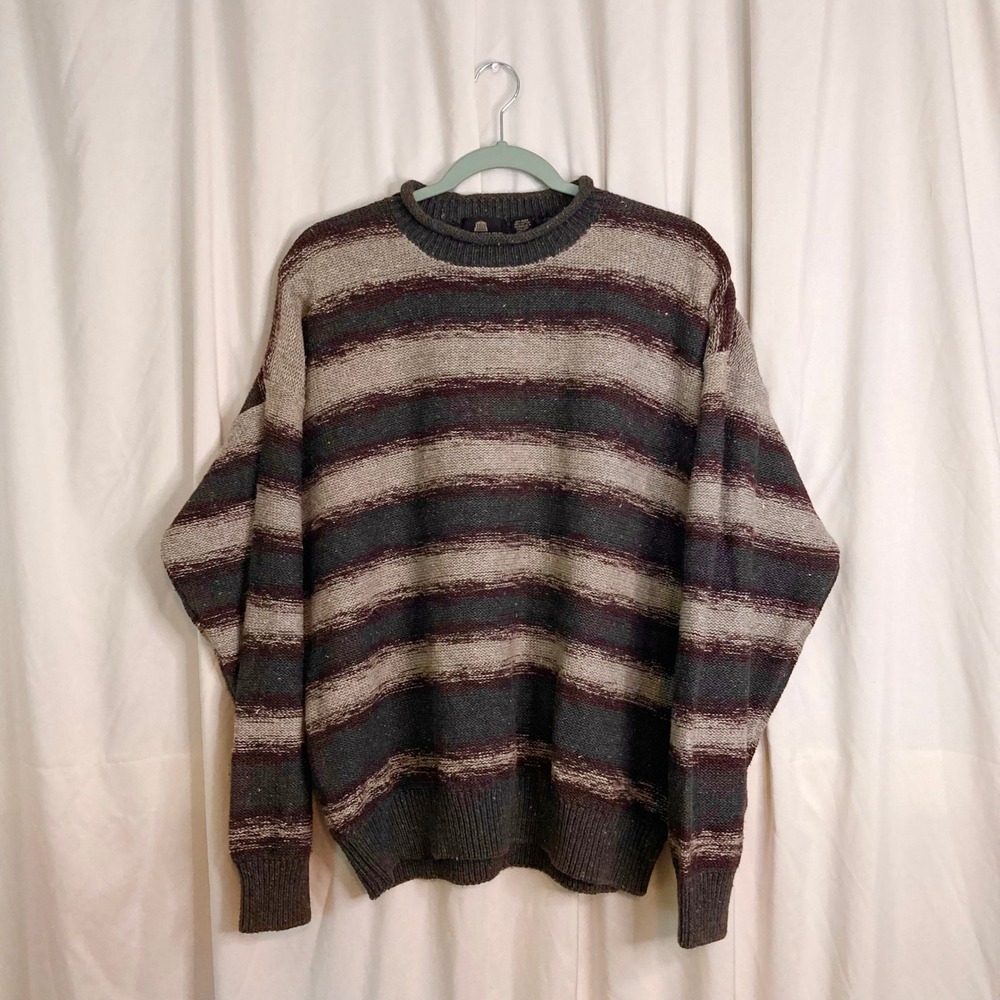 VTG 90s Earth Tone Striped Crewneck Knit Sweater Structure L Grunge Grandpacore